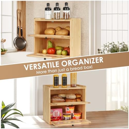 Sunhoo Bread Box for Kitchen Countertop Wooden Bread Storage Container Bin 2 Layer Breadbox Holder Large Capacity Keeper Vintage Farmhouse Food Organizer Pantry Shelf Acrylic Window（Wood color）