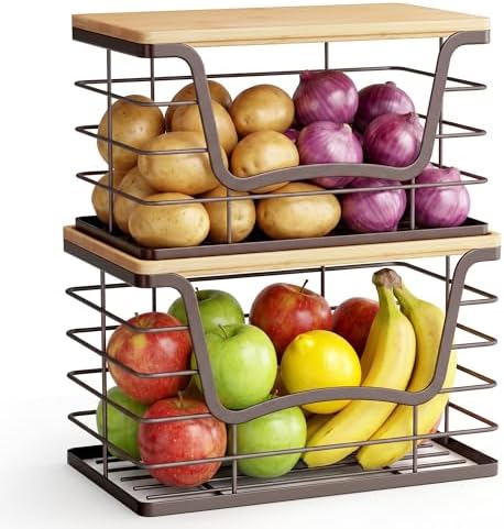 ALOCEO 2 Pack Stackable Wire Storage Basket with Bamboo Lid, Stainless Steel Extra Large Trash Bag Dispenser Roll Holder for Kitchen Sink, Laundry, Pantry Organizer and Storage, Brown