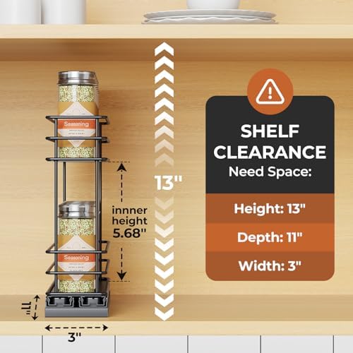 Mystozer Pull Out Spice Rack Organizer for Cabinet, Slide Out Spice Racks, Easy to Install Spice Cabinet Organizer, 2.5" Wx10.43 Dx8.26 H, 1 Drawer 2 Tiers（Black）