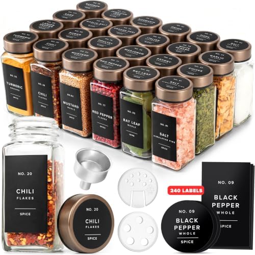 EDELHAUS Glass Spice Jars with Label, 24x Champagne Bronze Steel Lids
