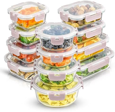 JoyJolt 24pc Borosilicate Glass Storage Containers with Lids | 12 Airtight/Freezer Safe Food Storage Containers for Pantry and Kitchen | Meal Prep Container for Lunch | Glass meal Set