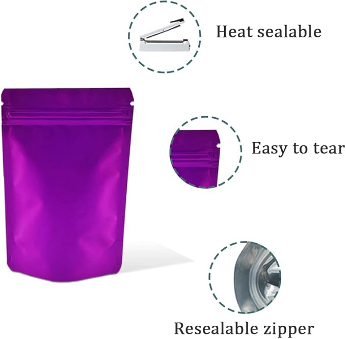 PABCK 50 Pieces 4.3x6.3 inch(Inside Size 3.5x3.9 inch) Stand-Up Resealable Heat Seal Bags 3.55mil Thick Frosted Purple Foil Sealed Bags for Zip Packaging Lock Food Storage Pouch