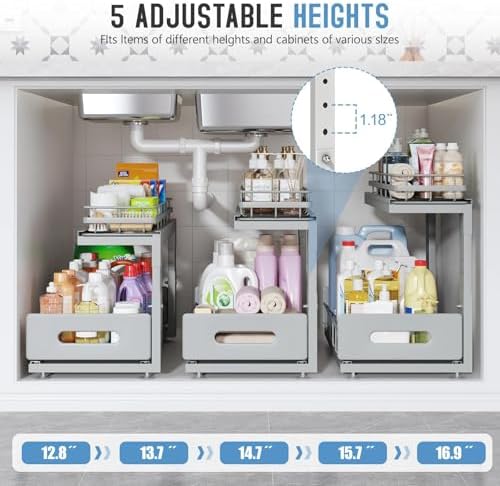 Under Sink Organizer Upgrade To Professional Rails,2-Tier Dual Pull Out Cabinet Storage,Height Adjustable Slide Out Drawers For Bathroom Kitchen,2 Pack-16.7"Dx12.8"-16.9"H,Gun Gray