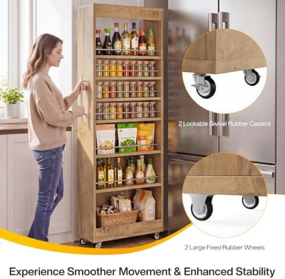 Tribesigns 73" Tall Slim Storage Cart on Rubber Wheels, 7-Tier Narrow Pantry Cabinet, Rolling Skinny Spice Rack Organizer Next to Fridge, Wooden Pull-Out Storage Shelf for Kitchen Small Spaces, Brown
