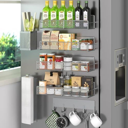 Magnetic Spice Rack for Refrigerator, 7 Pack 100% Metal Strong Magnet Shelves, Kitchen Spice Organizer W/ Hook Rack, Paper Towel Holder, Utensils Caddy, Home Laundry Room Storage Organization (Grey)