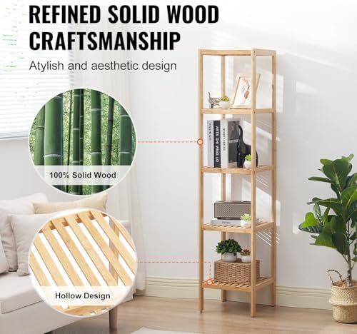 VEVOR 5-Tier Bathroom Standing Shelf, Narrow Shelving Unit, Display Storage Rack Organizer, Freestanding Flower Plant Stand, Multifunctional Bamboo Shelf Ideal for Bathroom, Kitchen, Home, Natural