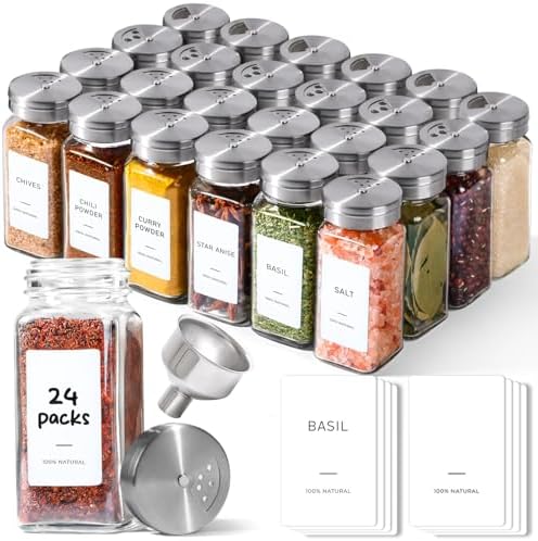 ComSaf Glass Spice Jars with Shaker Lids 4 oz 24 Pack Small Square Bulk Set