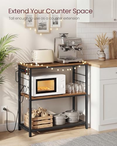 VASAGLE Kitchen Island with Power Strip, 3-Tier, 6 Hooks, Metal Frame