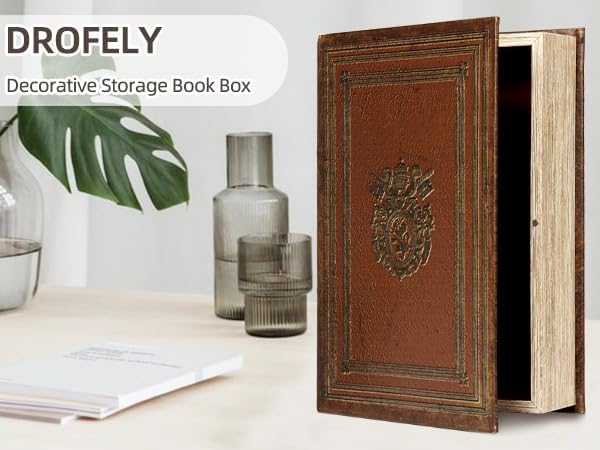 Decorative Book Box Fake Leather Embossed Cover Vintage Style Brown Storage Box - Large 1-06, Decoration for Coffee Table, Bookshelves, Jewelry, Postcard, Photo Storage, Graduation Gift