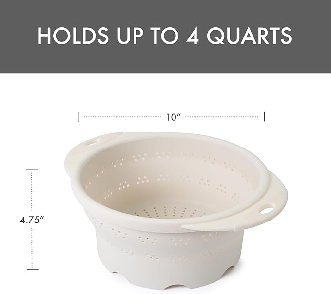 Dexas 10" Collapsible Silicone Colander in Cream, Kitchen Strainer