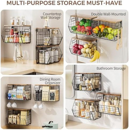 Delamu Stackable Metal Fruit Basket with Wood Lid 3 Pack, Hanging Wall Organizer for Kitchen Counter, Pantry Storage for Onions, Potatoes, Garli, Fruits, Spices, Black