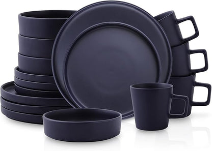 Stone Lain Cleo Modern Stoneware 16-Piece Dinnerware Set, Plates and Bowls Set, Dish Set Service For 4, Dark Blue