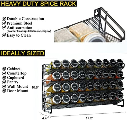 SpaceAid Spice Rack Organizer with 36 Spice Jars, 386 Spice Labels, Chalk Marker and Funnel Set for Cabinet, Countertop, Pantry, Cupboard or Door & Wall Mount - 36 Jars, 17.2" W × 10.8" H, Black
