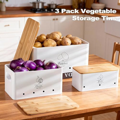 Metal Potato Onion Garlic Storage Tin Set of 3, White