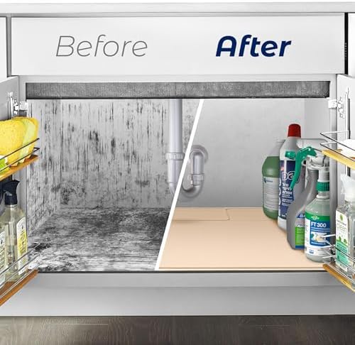 The Original Under Sink Mat - Silicone Waterproof mat, Trimmable, Easy to Clean, Kitchen cabinet liner, Under sink protector mats, Drip Tray with Lip - 34" x 22" or smaller - Beige