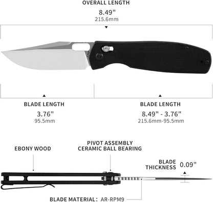 CJRB Prado Folding Pocket Knife 3.76" AR-RPM9 Sand Polish Steel Blade Ebony Handle Crossbar Lock for Men Outdoor, Survival, Camping and EDC, Ebony