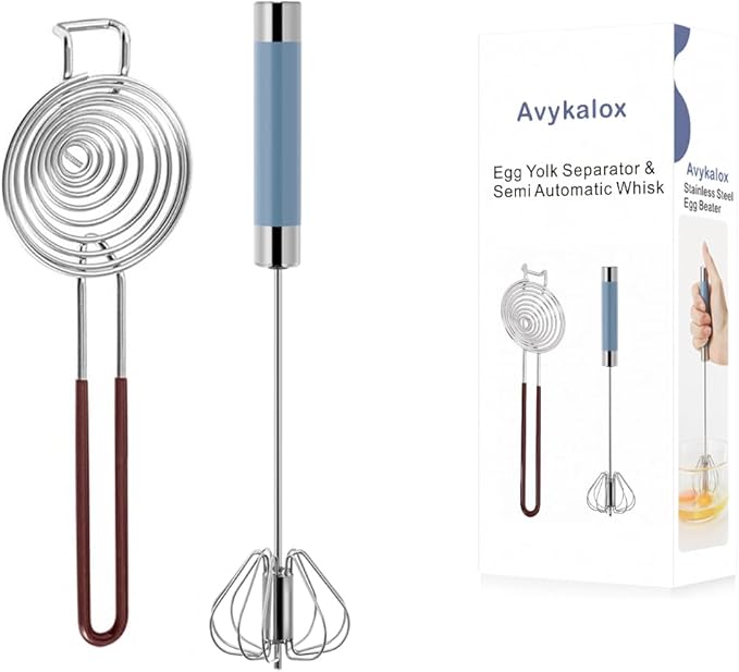 Semi Automatic Whisk & Egg Yolk Separator, Stainless Steel Mini Hand Push Whisk
