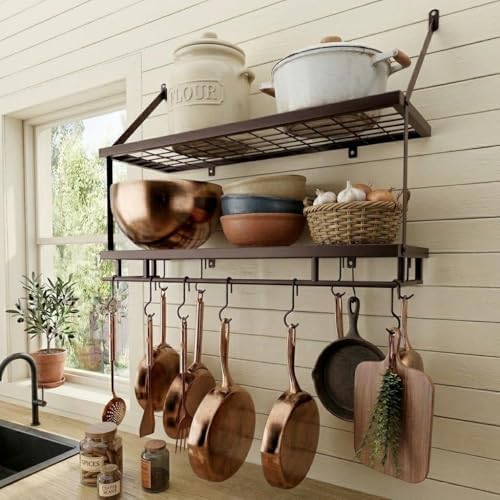 KES 30-Inch Oiled Bronze Pot Rack Wall Mounted, 100 Lbs Capacity, 12 Hooks