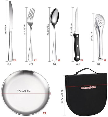 Picnic Cutlery Kit with Portable Case Camping Essentials Silverware Set Travel Utensils Outdoor Tableware Stainless Steel Flatware with Forks,Spoons,Serrated Knife,Food Clip,Plates (Sliver)