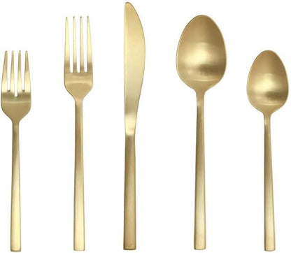 FORTESSA Arezzo 18/10 Stainless Steel Flatware, 20 Piece Place Setting With Table Knives, Forks and Spoons (Service For 4), Dishwasher Safe, Brushed Gold