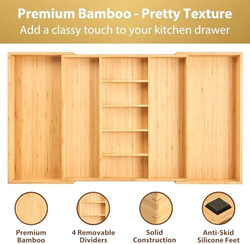 Umilife Extra Large Expandable Kitchen Drawer Organizer for Utensil and Junk, 19" Deep for Big Drawer, 19" to 33" Adjustable Bamboo Wood Drawer Divider, Cutlery Tray, Flatware Holder