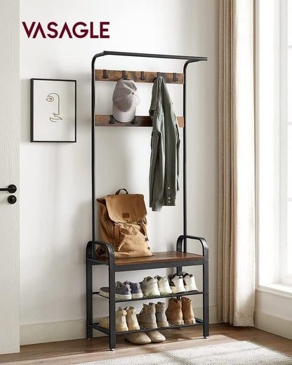 VASAGLE Coat Rack, Hall Tree with Shoe Bench, 4-in-1, 9 Removable Hooks