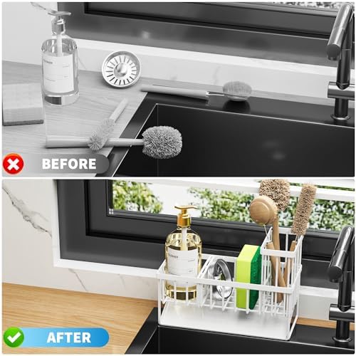 Cisily Sink Caddy Sponge Holder - Stainless Steel Rustproof, High Brush Holder, Dish Sponge Organizer with Divider (White)