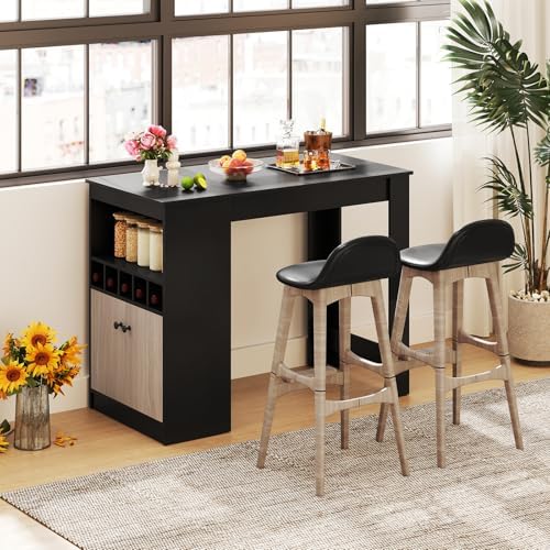 COSTWAY 48" Bar Table with Storage Cabinet & Wine Rack, Home Dining Table