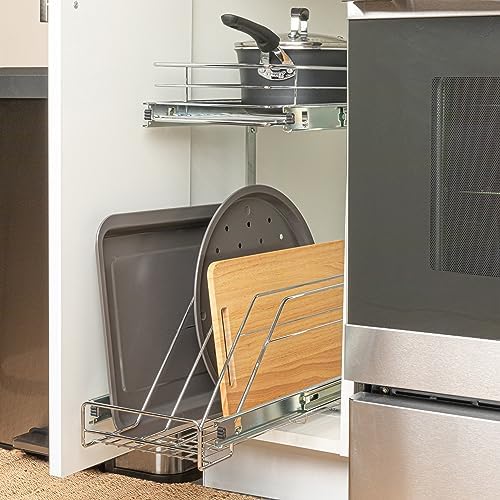 Household Essentials Glidez Multipurpose Chrome-Plated Steel Pull-Out/Slide-Out Dual-Sliding Storage Organizer for Cookware and Bakeware - 2-Tier Design - Fits Standard Size Cabinet or Shelf, Chrome