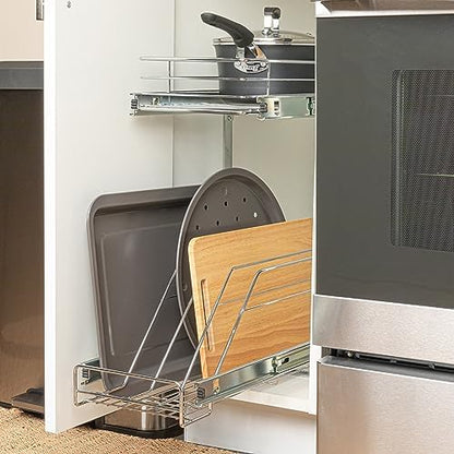Household Essentials Glidez Multipurpose Chrome-Plated Steel Pull-Out/Slide-Out Dual-Sliding Storage Organizer for Cookware and Bakeware - 2-Tier Design - Fits Standard Size Cabinet or Shelf, Chrome