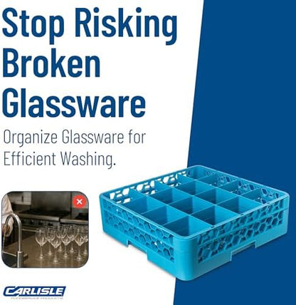 Carlisle FoodService Products Opticlean Glass Rack 16 Compartments with 1 Extender for Kitchens and Restaurants, 19.875" x 19.875" x 5.5", Compartment Size 4.45" x 4.45" Blue