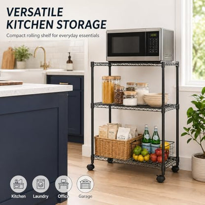 Simple Deluxe 3-Tier Heavy Duty Adjustable Storage Shelf with Wheels, 23.23”W x 13.39”D x 30.31”H, Mobile or Stationary Metal Shelving Unit, Easy Assembly for Kitchen, Pantry, Laundry Room, Black