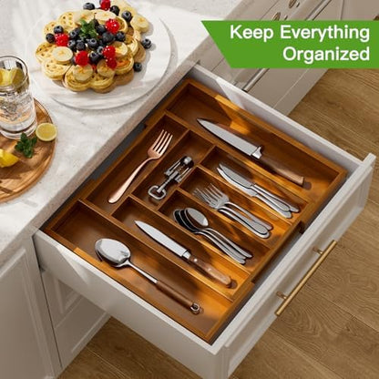 Pipishell Bamboo Expandable Drawer Organizer for Utensils Holder, Adjustable Silverware Organizer Cutlery Tray, Drawer Dividers for Utensils, Flatware, Knives in Kitchen, Bedroom, Living Room Brown