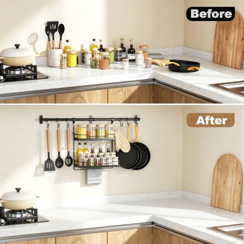 NADAMOO Spice Rack Wall Mount, 2-Tier Kitchen Storage Shelf with Hooks