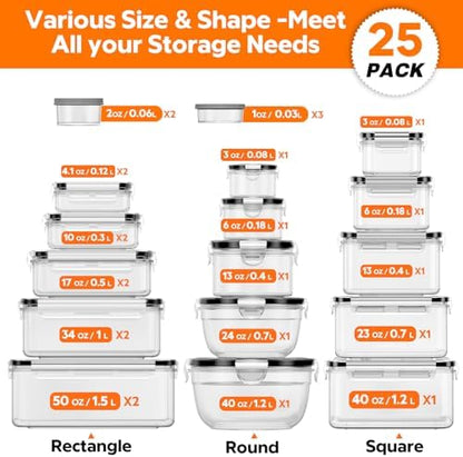 50 PCS Food Storage Containers with Lids BPA-Free (25 Containers & 25 Lids)