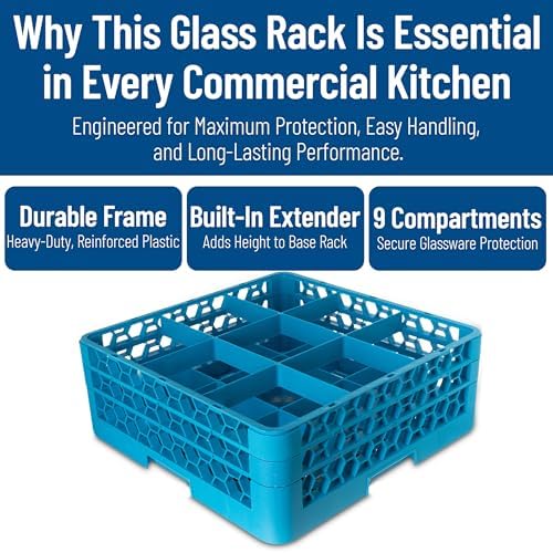Carlisle FoodService Products OptiClean 9 Compartment Glass Racks for Restaurants with 2 Extenders - Glass Racks for Large Brandy Snifters, Grande Margaritas, Carafes, Wide Diameter, Blue, (Pack of 3)
