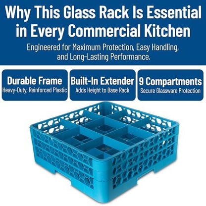 Carlisle FoodService Products OptiClean 9 Compartment Glass Racks for Restaurants with 2 Extenders - Glass Racks for Large Brandy Snifters, Grande Margaritas, Carafes, Wide Diameter, Blue, (Pack of 3)
