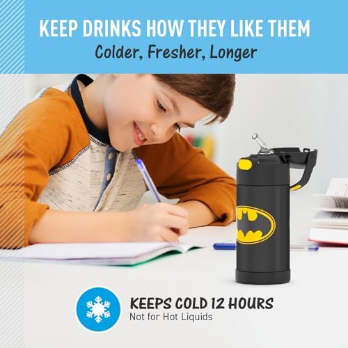 THERMOS FUNTAINER Water Bottle with Straw - 12 Ounce - Kids Stainless Steel Vacuum Insulated Water Bottle with Lid, Batman (Pack of 6)