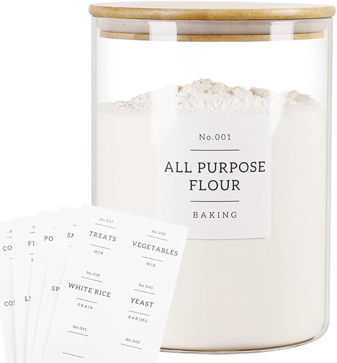 Large Glass Storage Jars With Airtight Bamboo Lid - 100 Fl Oz Thicken Kitchen Glass Food Storage Canister With 42 Pantry Labels - Big Clear Flour And Sugar Containers Farmhouse