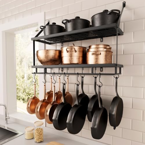 KES 30-Inch Kitchen Pot Rack - Mounted Hanging Rack for Kitchen Storage and Organization - Matte Black 2-Tier Wall Shelf with Guard Rail for Pots and Pans Organizer with 12 Hooks - KUR215S75B-BK