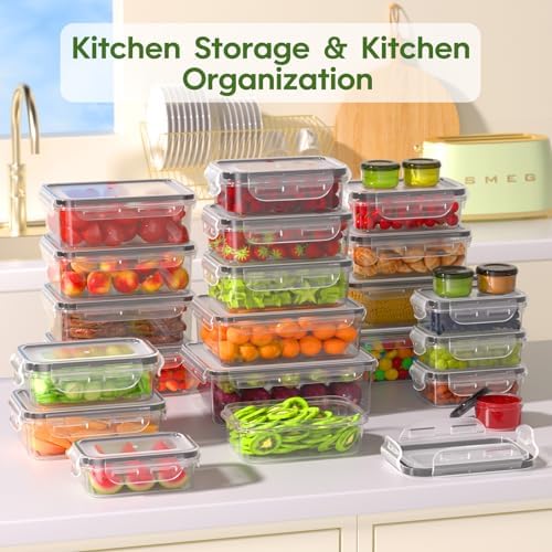 KEMETHY 50-Piece Food Storage Containers with Lids(25 Containers & 25 Lids), Plastic Food Containers for Pantry & Kitchen Storage and Organization, BPA-Free, Leak Proof, Reusable with Labels & Pen