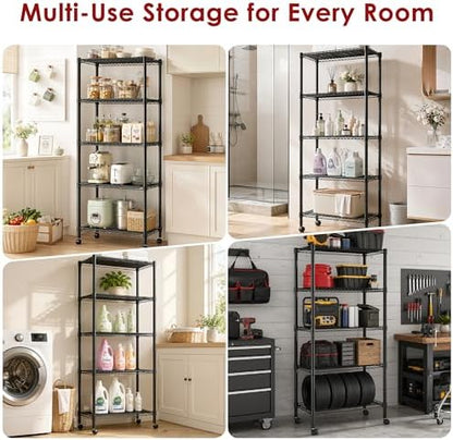 Simple Deluxe 5-Tier Heavy Duty Adjustable Shelf with Wheels, 23.23”W x 13.39”D x 59.45”H,Metal Storage Rack, Easy Tool-Free Assembly for Garage, Warehouse, Basement, Laundry, Black