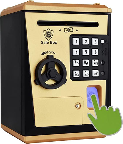 Toy Safe Box, ATM Piggy Bank, Money Coin Savings Bank, Great Gift for Children Kids (Golden/Black)