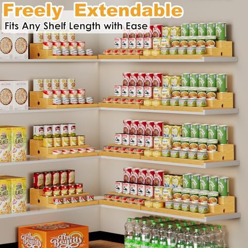3-Tier Extra-Long Expandable Bamboo Can Rack for Pantry, Holds 45 Cans