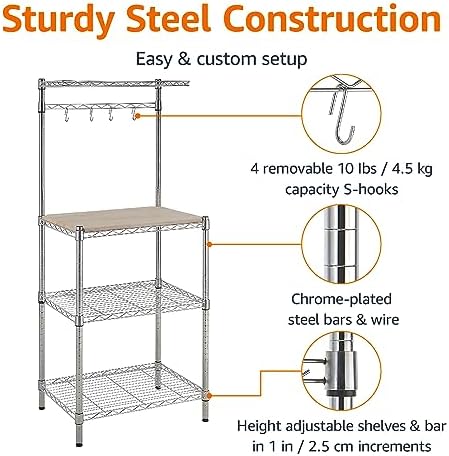 Amazon Basics Kitchen Storage Baker's Rack with Removable Wood Top, Chrome/Beige, 24"W x 59"H x 18"D