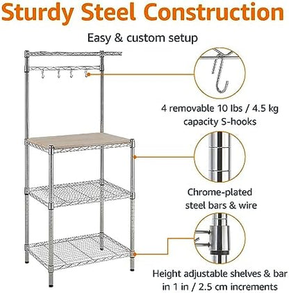 Amazon Basics Kitchen Storage Baker's Rack with Removable Wood Top, Chrome/Beige, 24"W x 59"H x 18"D
