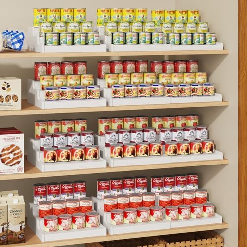 3-Tier Expandable Bamboo Can Organizer for Pantry, Holds 24 Cans, White