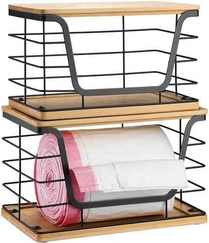 ALOCEO 2 Pack Large Garbage Bag Dispenser for 13/30/33 Gallon Bags, Potato and Onion Storage Baskets with Bamboo Lid, Stainless Steel Stackable Storage Bins for Kitchen Laundry Pantry Room