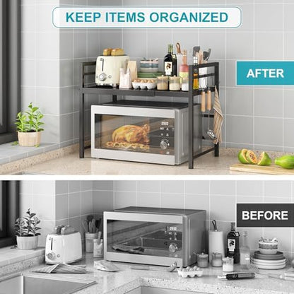 DOLALIKE Microwave Oven Rack, Expandable Microwave Stand Countertop Kitchen Utensils Tableware Storage, Carbon Steel Over Microwave Shelf Countertop with 3 Hooks (Pack of 2)