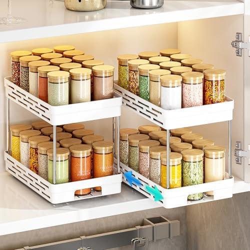 Pull Out Spice Rack Organizer for Cabinet, 2 Pack Widen Slide Out Spice Racks Organizer, Spice Cabinet Organizers, Cabinet Size Need:12'' Highx11'' Deepx6.75'' Wide,Hold 15 Spice Jar Each Tier-2Tier